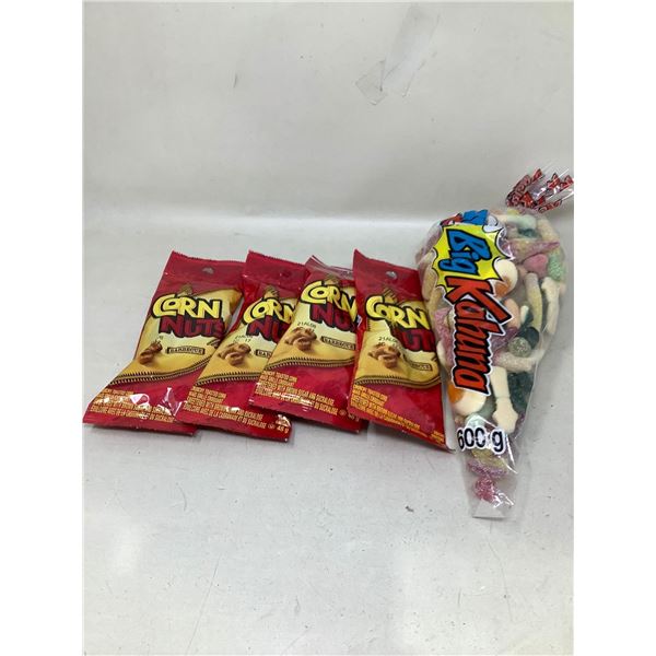 SNACKS- lot of 4 corn nuts and mega cone of gummies