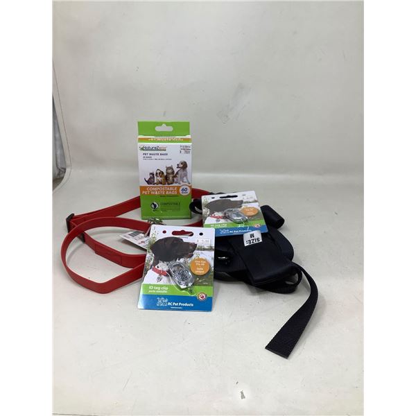 Lot of NEW dog stuff - leash, ID tag, medium harness, pet waste bags, etc.