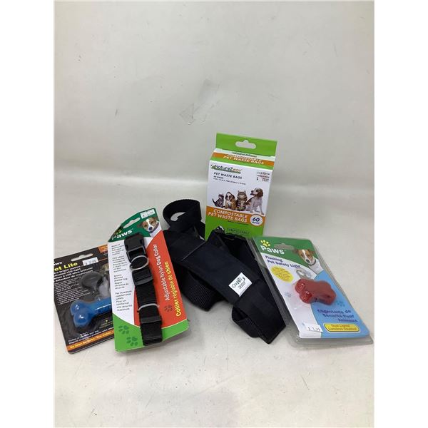Big Lot of NEW assosted pet items- tags, collars, light, harness, etc