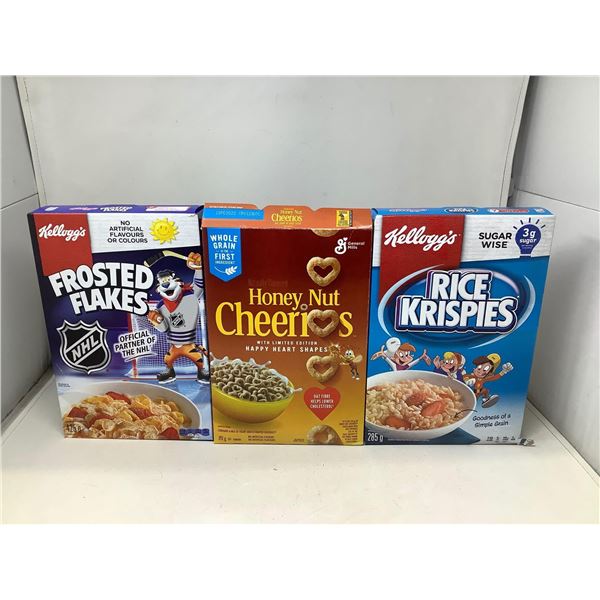 Breakfast cereals frosted flakes, cherrios, rice krispies lot of 3