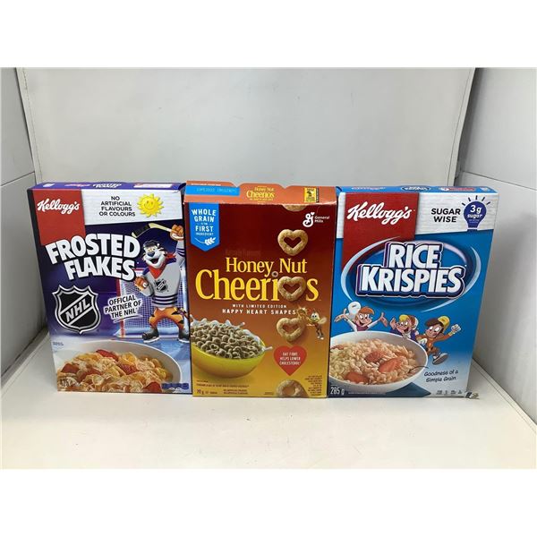 Breakfast cereals frosted flakes, cherrios, rice krispies lot of 3