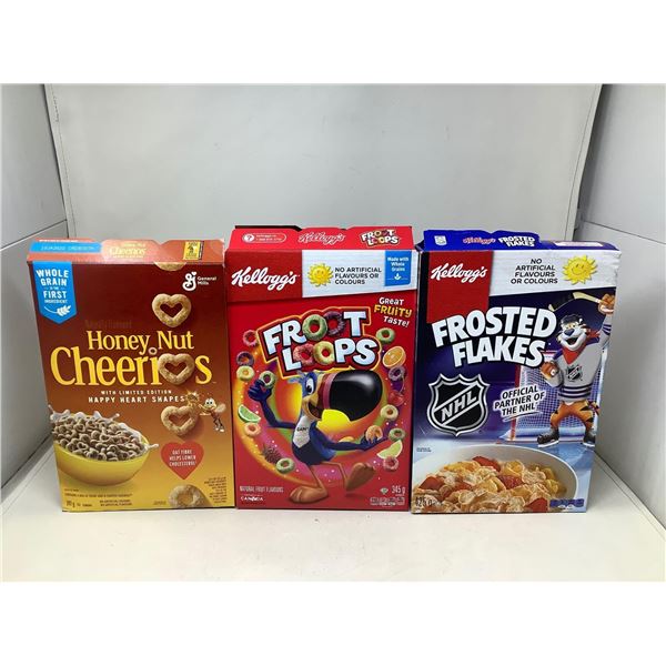 Breakfast cereals frosted flakes, cherrios, fruit loops lot of 3