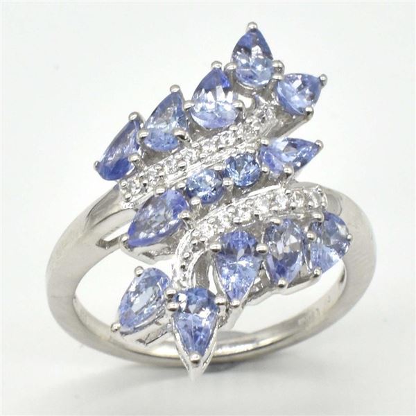 Silver Tanzanite White Topaz(9.9ct) Rhodium Plated Ring (~weight 9.9g), Suggested Retail Value $1390