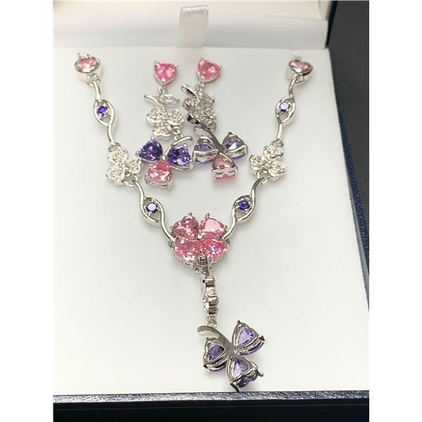 Multi Gemstone Amythest & Pink Ice Silver Necklace and Earring Set NEW in Display Box