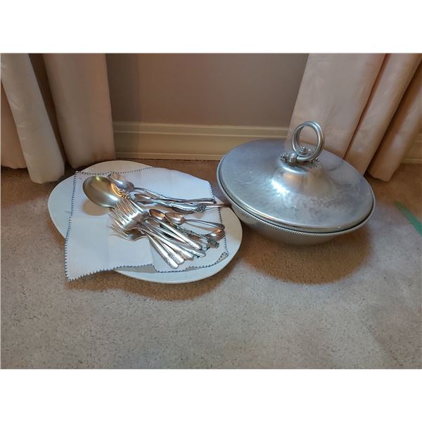 Silver Plate Curlery and Aluminum Serving Dish Cat A