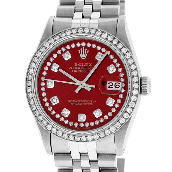 Rolex Mens Stainless Steel Red String Diamond 36MM Datejust Wristwatch