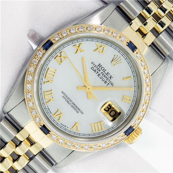 Rolex Mens 2 Tone Mother Of Pearl Diamond & Sapphire 36MM Datejust Wristwatch