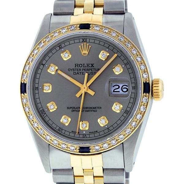 Rolex Mens 2 Tone Slate Grey Diamond & Sapphire 36MM Oyster Perpetaul Datejust