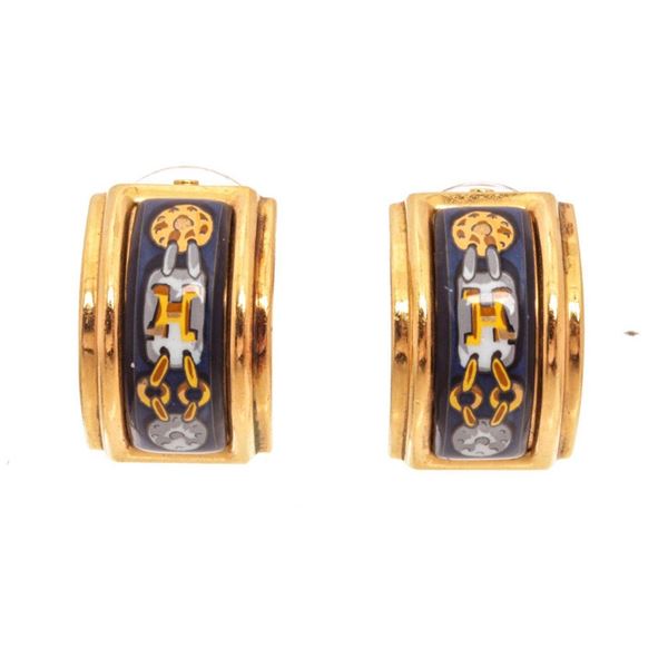 Hermes Blue Gold Ennamel Selles A Housse Earrings