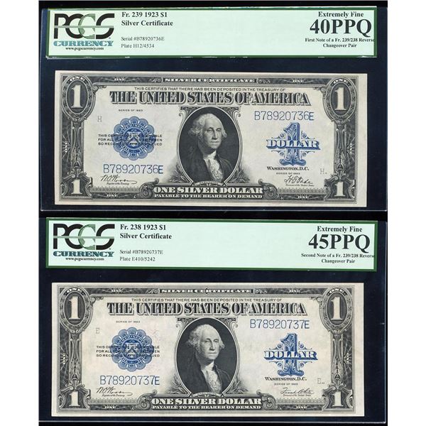 Changeover Pair of 1923 $1 Silver Certificate Notes PCGS Extremely Fine 40PPQ/45PPQ
