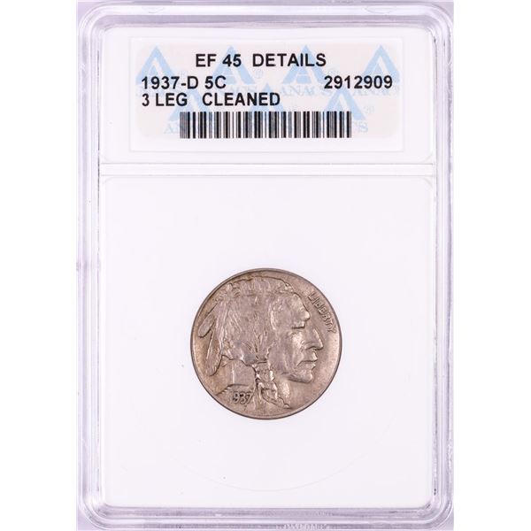 1937-D 3 Legs Buffalo Nickel Coin ANACS EF45 Details