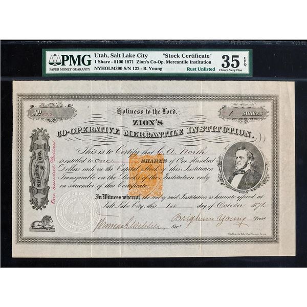 1871 "Brigham Young" Signed Stock Zion's Co-Op Institution PMG CH Very Fine 35EPQ