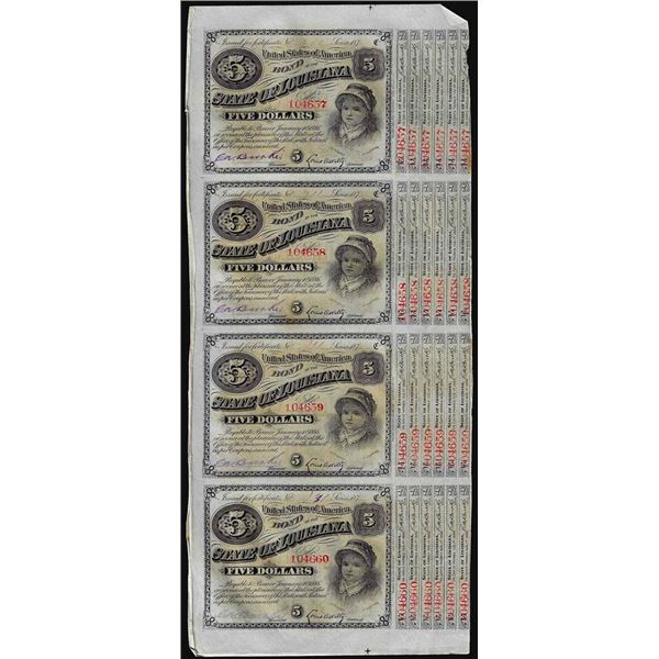 Uncut Sheet of (4) State of Louisiana Baby Bond Obsolete Notes