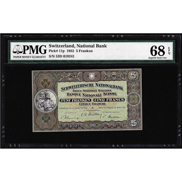 1952 Switzerland 5 Franken Note Pick# 11p PMG Superb Gem Uncirculated 68EPQ