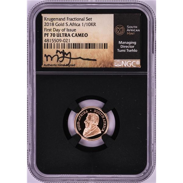 2018 South Africa Proof 1/10 Krugerrand Gold Coin NGC PF70 Ultra Cameo FDOI Signed
