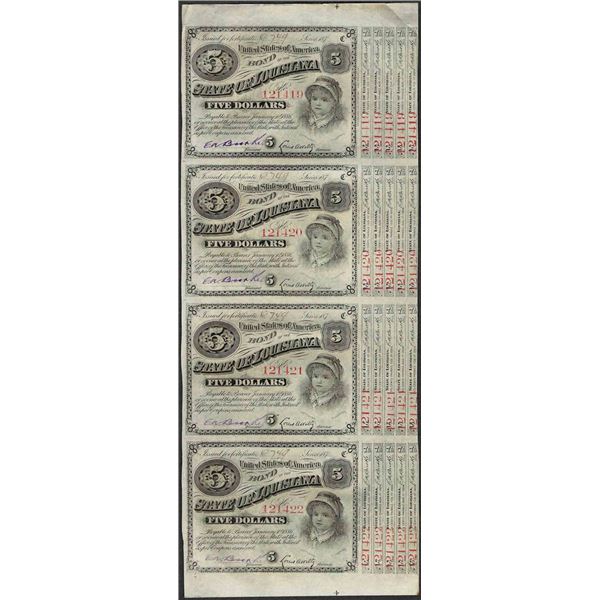 Uncut Sheet of (4) State of Louisiana Baby Bond Obsolete Notes