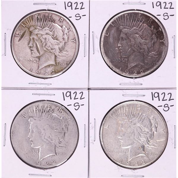 Lot of (4) 1922-S $1 Peace Silver Dollar Coins