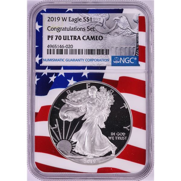 2019-W $1 Proof American Silver Eagle Coin NGC PF70 Ultra Cameo Congratulations Flag