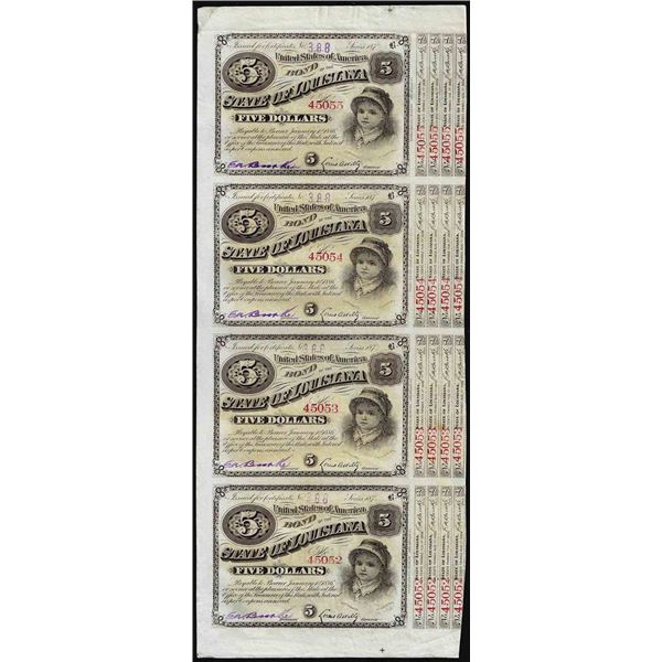 Uncut Sheet of (4) State of Louisiana Baby Bond Obsolete Notes