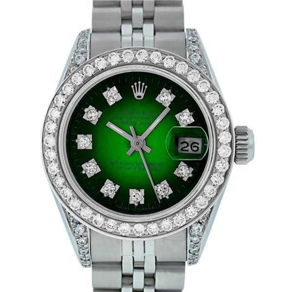 Rolex Ladies Stainless Steel Green Vignette Diamond & Datejust Wristwatch