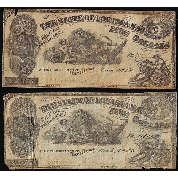 Lot of (2) 1863 $5 The State of Louisiana Baton Rouge, LA Obsolete Banknotes
