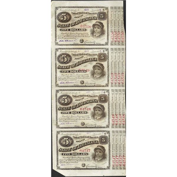 Uncut Sheet of (4) State of Louisiana Baby Bond Obsolete Notes