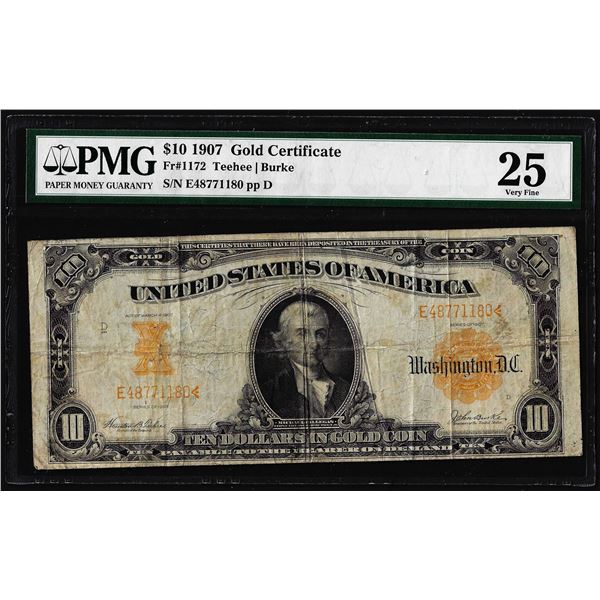 1907 $10 Gold Certificate Note Fr.1172 PMG Very Fine 25