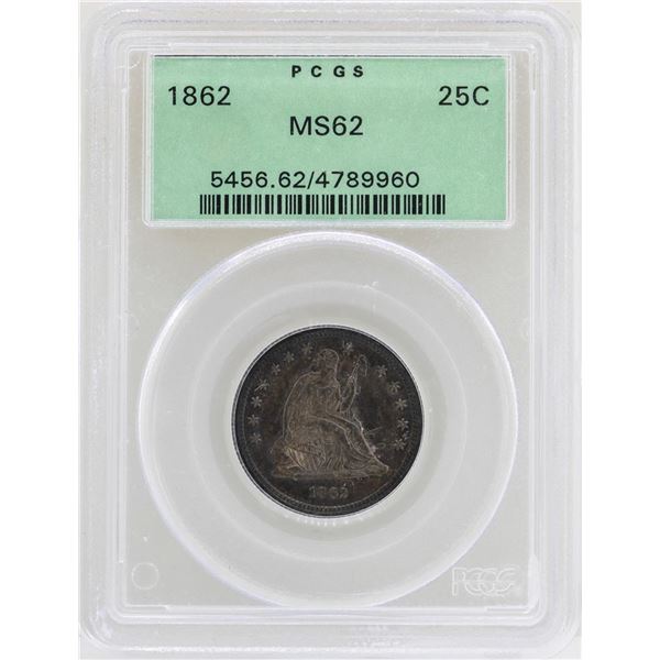 1862 Seated Liberty Quarter Coin PCGS MS62 Old Green Holder