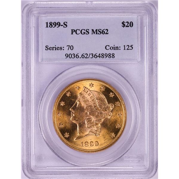 1899-S $20 Liberty Head Double Eagle Gold Coin PCGS MS62