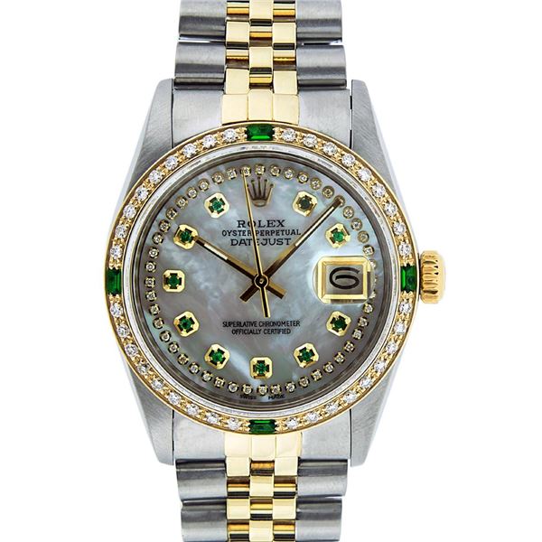 Rolex Men's Two Tone Stainless Steel & Gold MOP Emerald String Diamond Datejust Watch