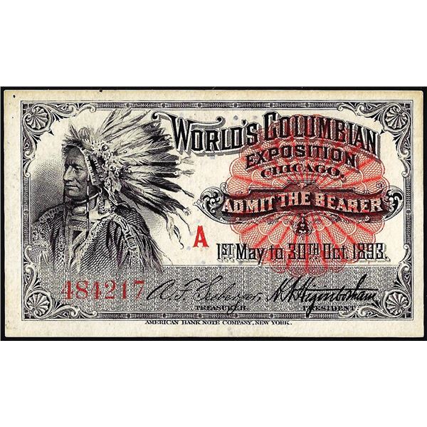 1893 World's Fair Columbian Exposition Ticket Indian Chief