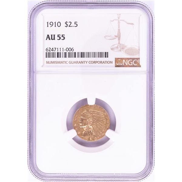 1910 $2 1/2 Indian Head Quarter Eagle Gold Coin NGC AU55