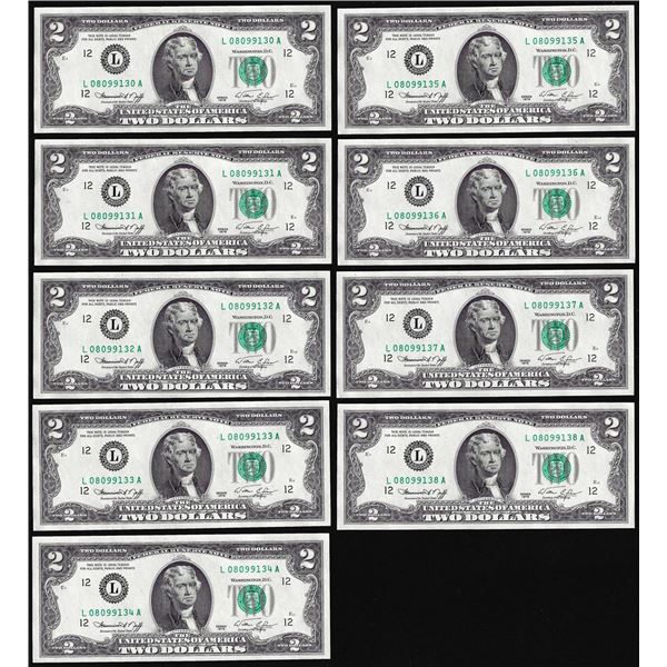 Lot of (9) Consecutive 1976 $2 Federal Reserve Notes San Francisco