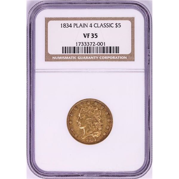 1834 Plain 4 Classic $5 Head Half Eagle Gold Coin NGC VF35