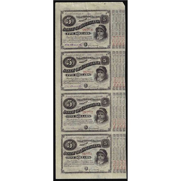 Uncut Sheet of (4) State of Louisiana Baby Bond Obsolete Notes