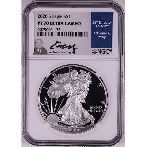 2020-S $1 Proof American Silver Eagle Coin NGC PF70 Ultra Cameo Edmund Moy Signature