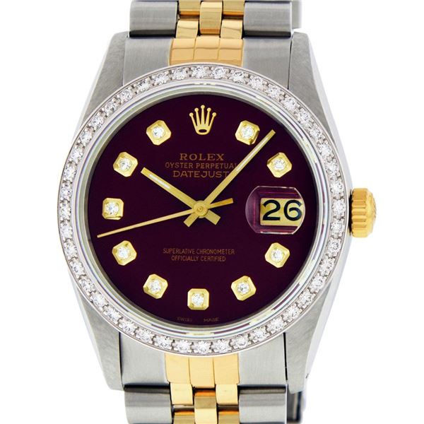 Rolex Men's Two Tone Maroon Diamond Datejust Wristwatch