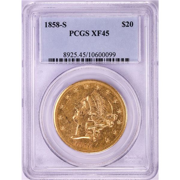 1858-S $20 Liberty Head Double Eagle Gold Coin PCGS XF45