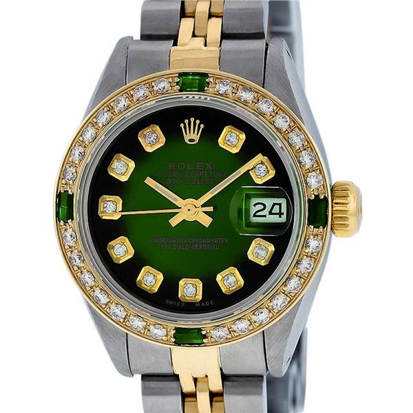 Rolex Ladies Two Tone Green Vignette Diamond Oyster Perpetual Datejust Watch