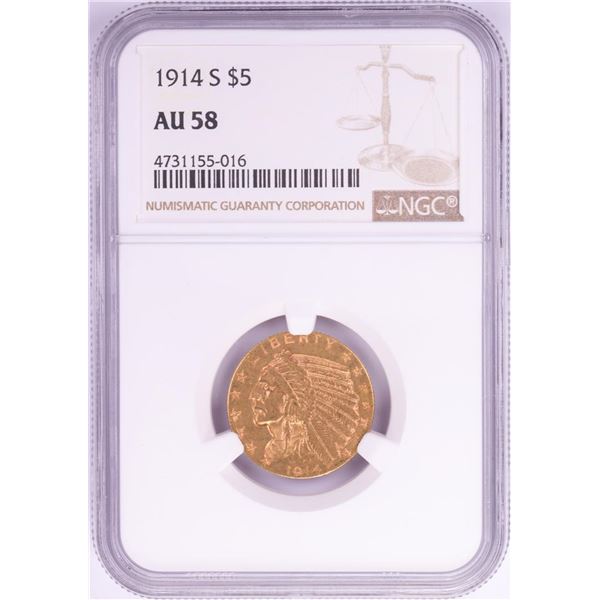 1914-S $5 Indian Head Half Eagle Gold Coin NGC AU58