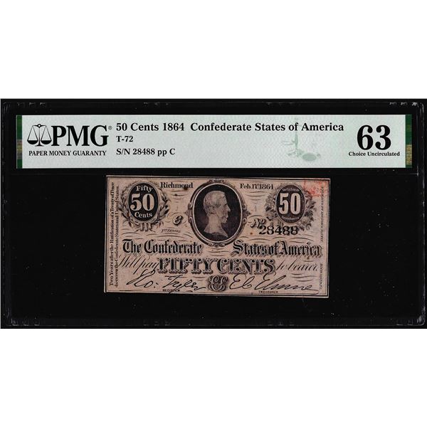 1864 50 Cents Confederate States of American Note T-72 PMG Choice Uncirculated 63