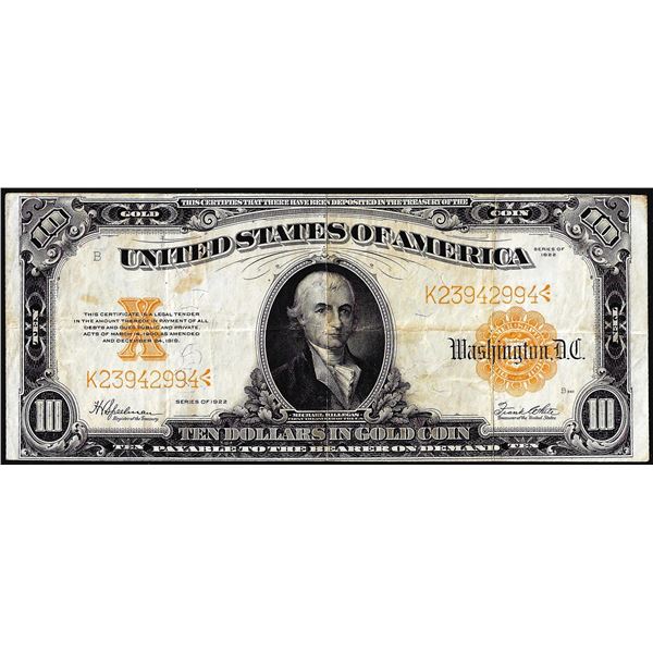 1922 $10 Gold Certificate Note
