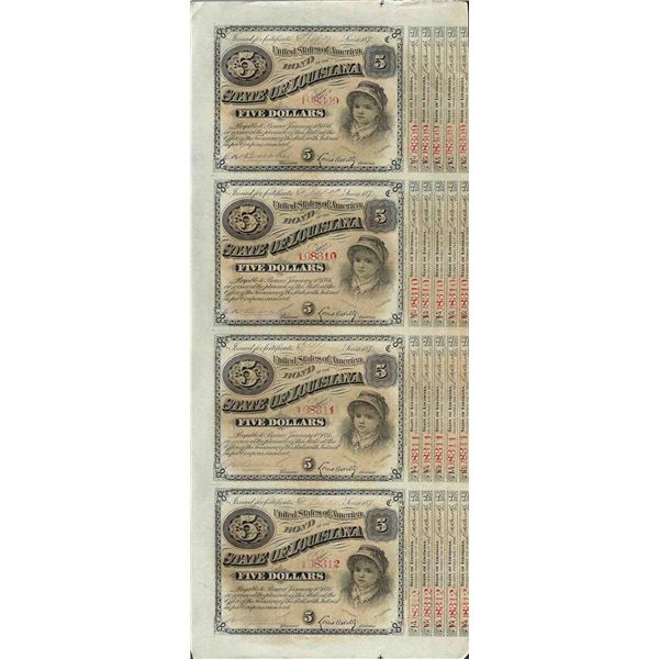 Uncut Sheet of (4) State of Louisiana Baby Bond Obsolete Notes