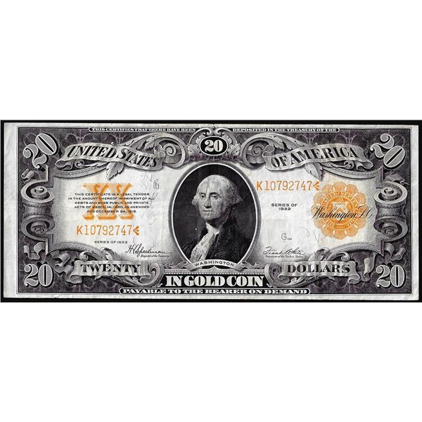 1922 $20 Gold Certificate Note