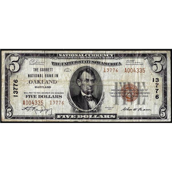 1929 Type 2 $5 Garrett NB in Oakland, Maryland CH# 13776 National Currency Note