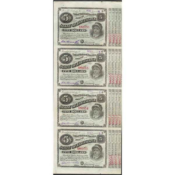 Uncut Sheet of (4) State of Louisiana Baby Bond Obsolete Notes