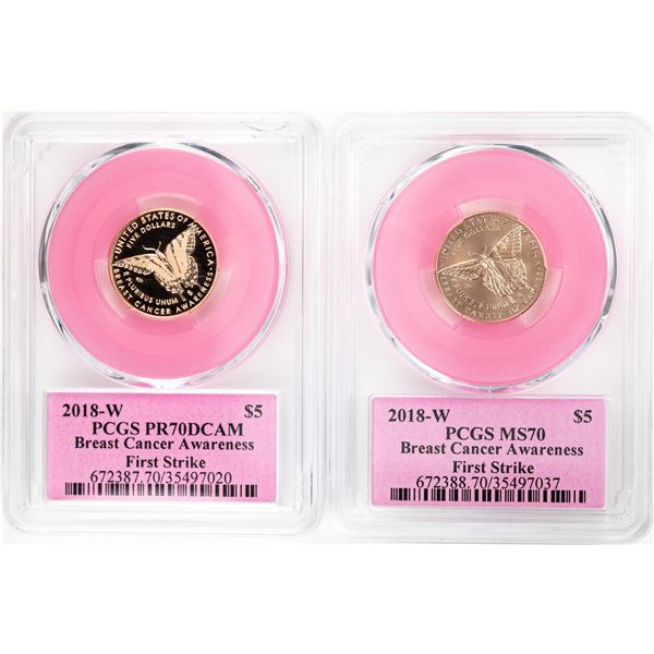 Lot of 2018-W $5 Breast Cancer Awareness Commemorative Gold Coins PCGS MS70/PR70DCAM