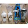 Image 1 : GERMAN HORN STEIN, 2 PAINTED GLASS VASES AND TIN ROCKET TOY