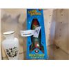 Image 2 : GERMAN HORN STEIN, 2 PAINTED GLASS VASES AND TIN ROCKET TOY