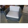 Image 2 : PAIR OF BLACK RATTAN PATIO ARM CHAIRS W/ GREY CUSHIONS AND END TABLE